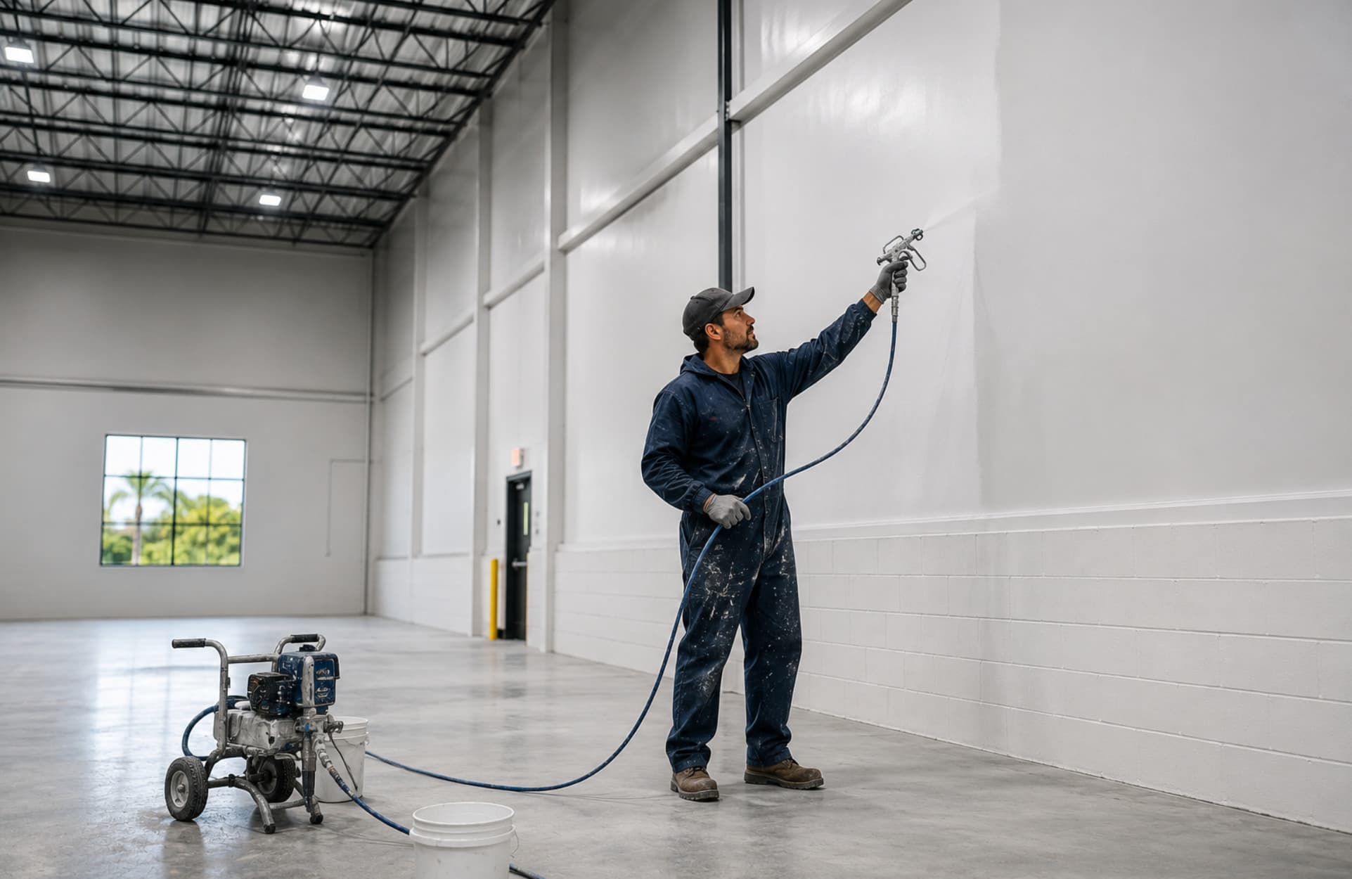 Professional painter spray-coating the interior walls of a commercial warehouse
