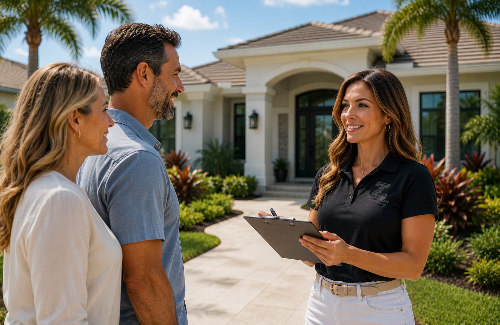 Z-Handyman estimator reviewing a project on-site with homeowners